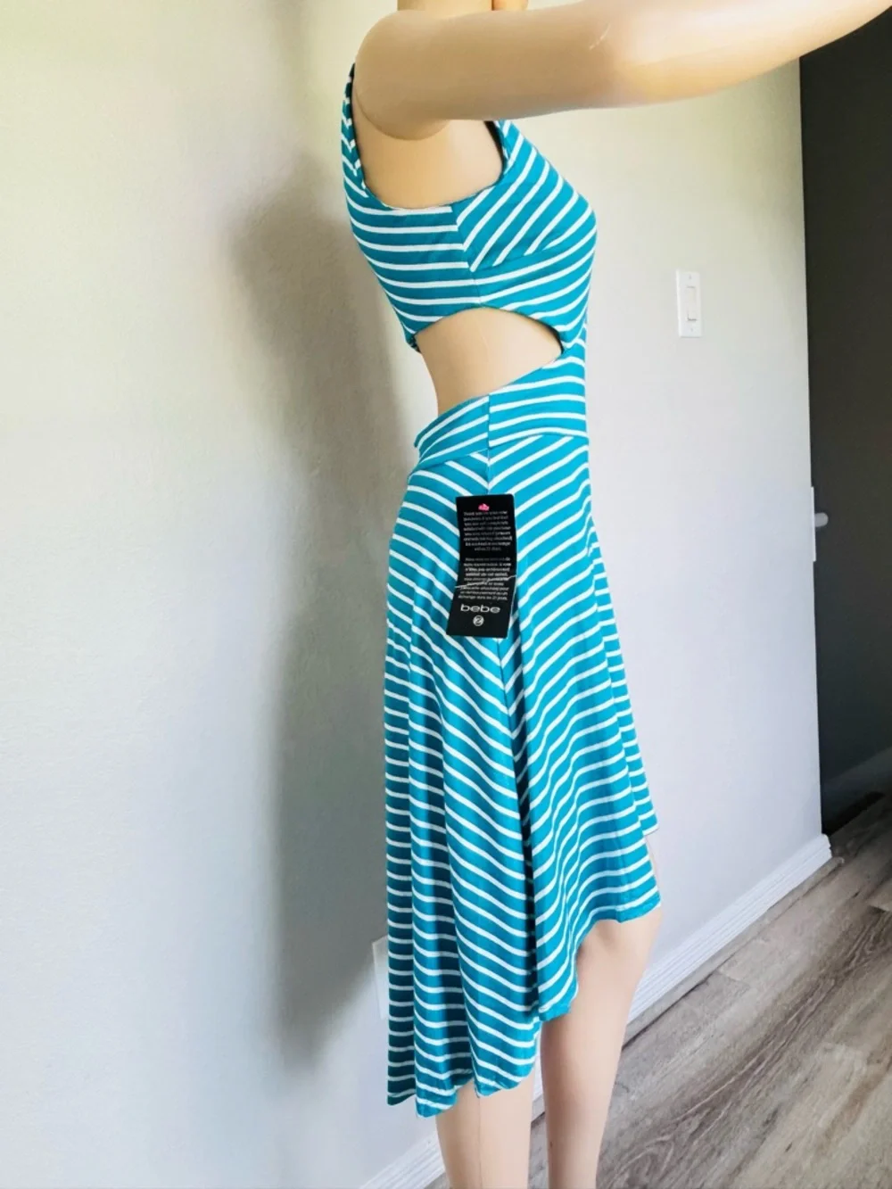 bebe Teal and White Striped High-Low Cutout Dress open back NWT - Picture 4 of 14